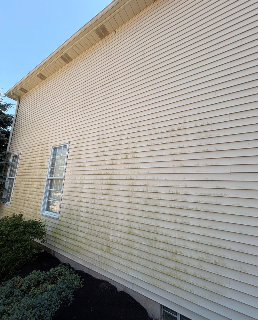 House siding before soft washing, with algae